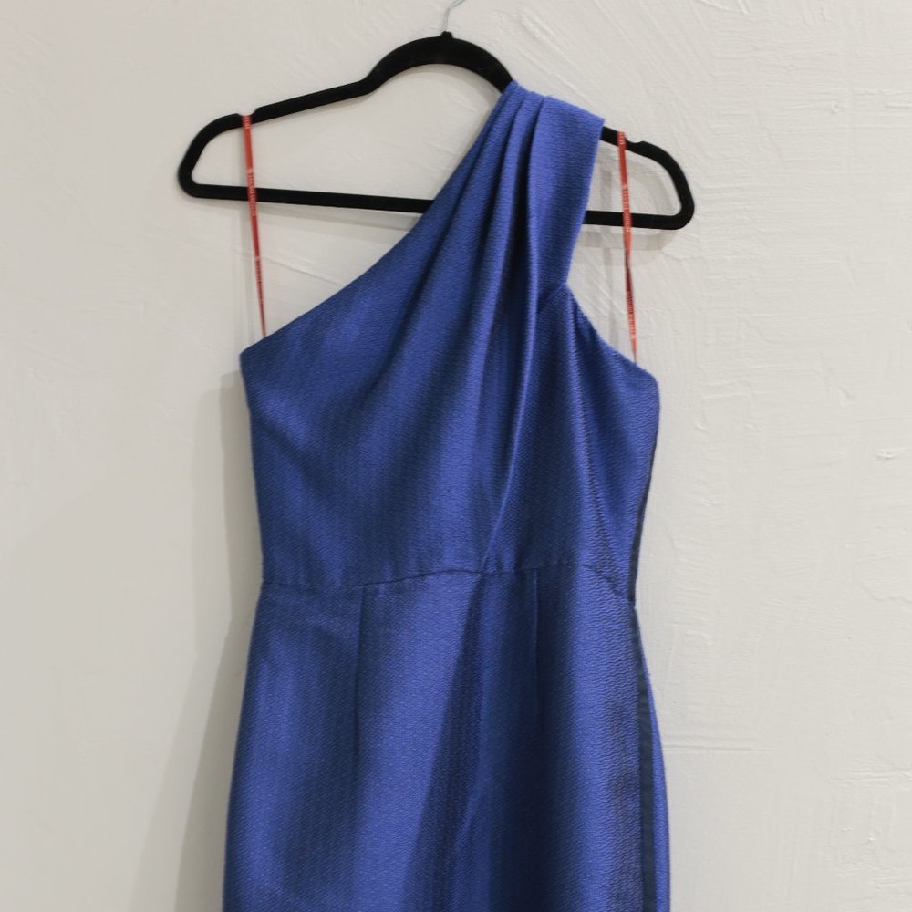 ML Monique Lhuillier Blue Silk Jacquard One Shoulder Dress 4